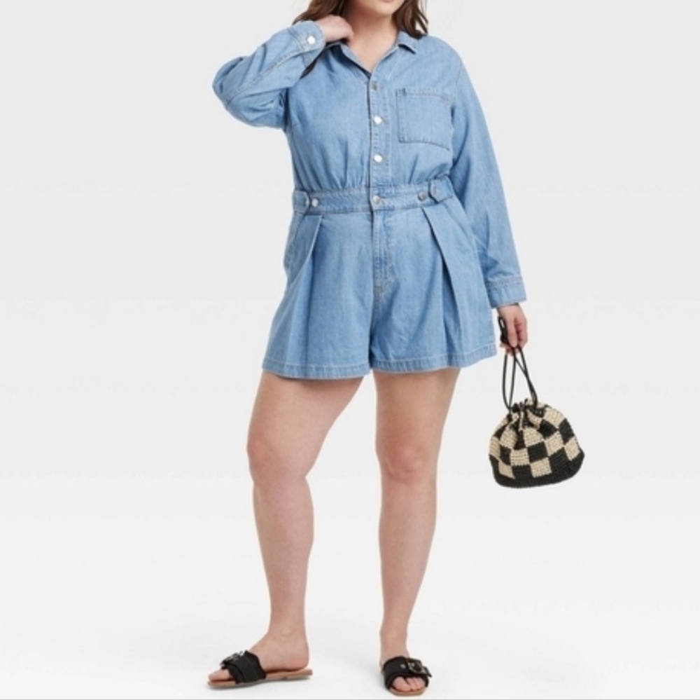 Universal Thread Long Sleeve Denim Utility Romper - Medium Wash Size 17